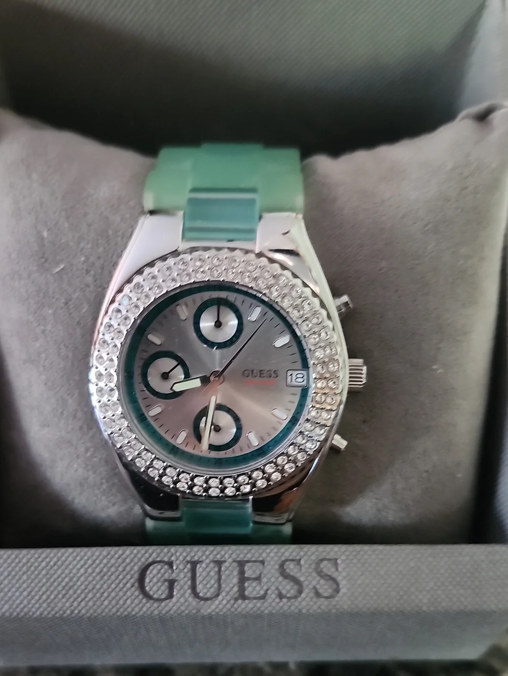 NIB GUESS Chronograph Swarovski Crystal Bezel Aqua Green Strap-